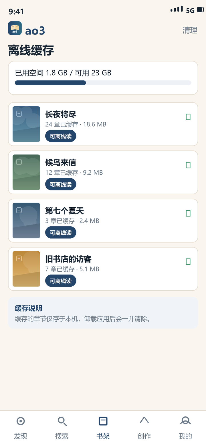 ao3 离线缓存:已缓存作品与占用空间